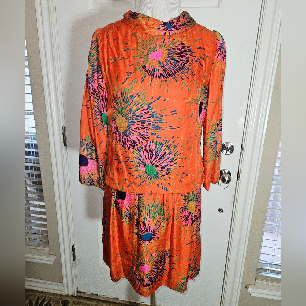 Vintage Georgia Bullock Silk Vibrant Orange Patterned Dress